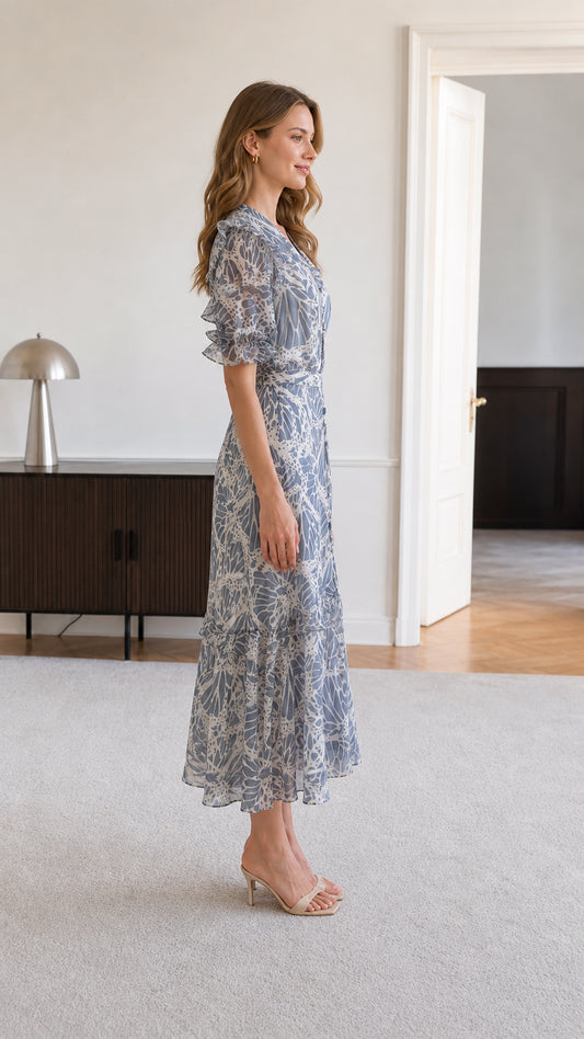 Side view of dusty blue botanical print flutter sleeve midi dress
