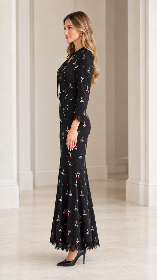 Side profile of woman in black floral mermaid dress showing flattering fitted cut