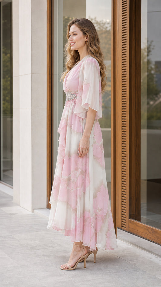 Side profile view of woman modeling blush pink floral chiffon midi dress