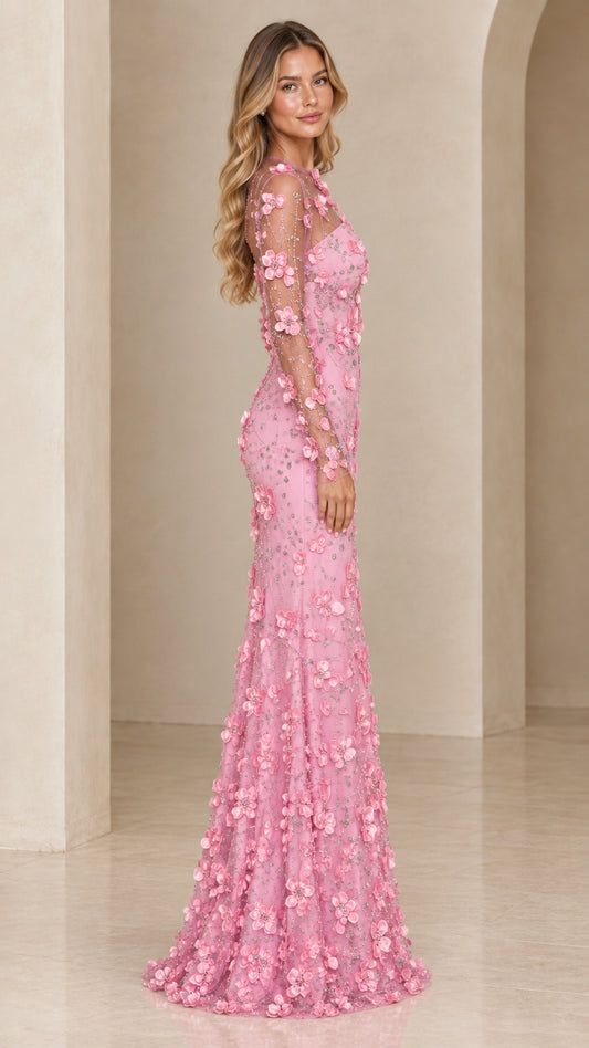 Pink embroidered sheer sleeve formal maxi dress side view