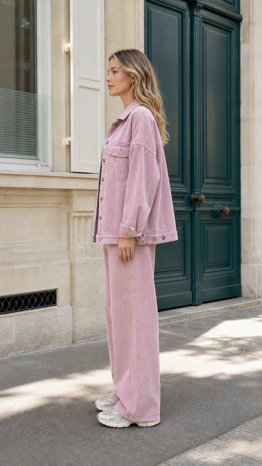Side profile view of model in Dusty Pink corduroy matching set