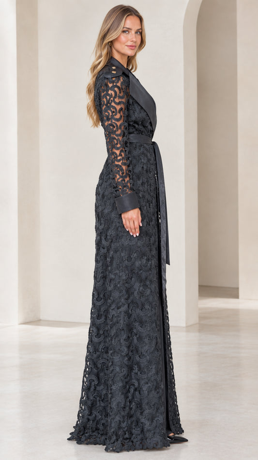 Side profile view of model wearing black floor-length lace evening duster