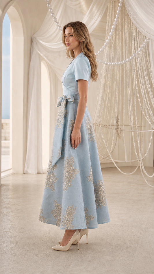 Side profile of model wearing Light Blue floral jacquard wrap midi dress