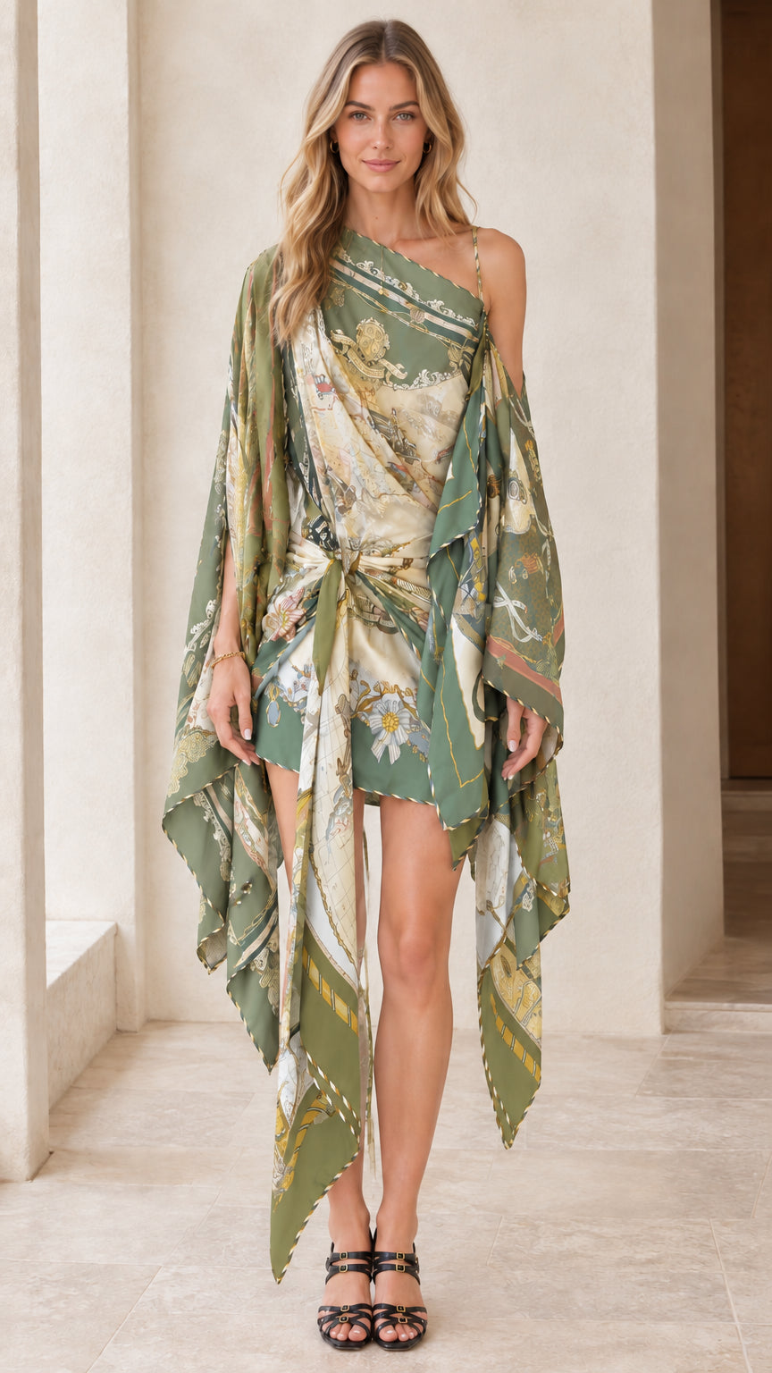 Front view of model wearing Sage Multi one-shoulder scarf print draped mini dress
