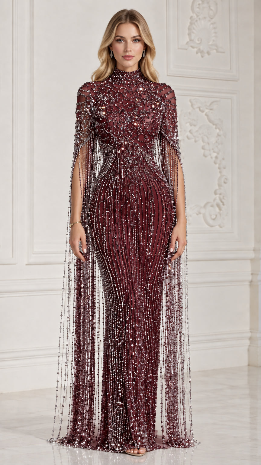 Burgundy wine red embellished high neck evening gown with beaded fringe cape sleeves