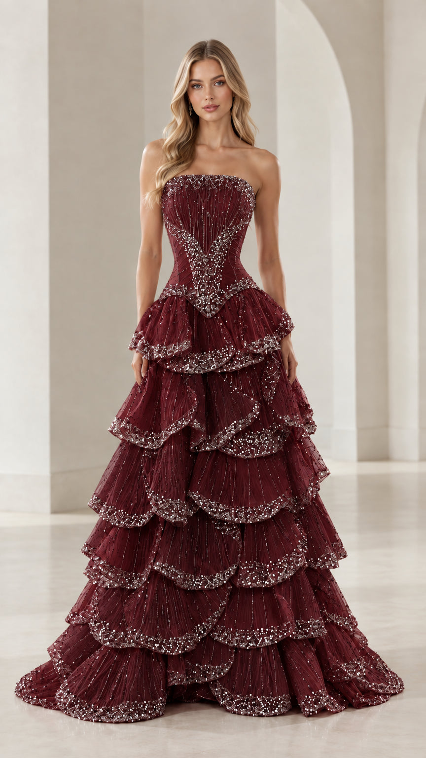 Front view of burgundy strapless tiered ruffle evening ball gown with sparkle trim