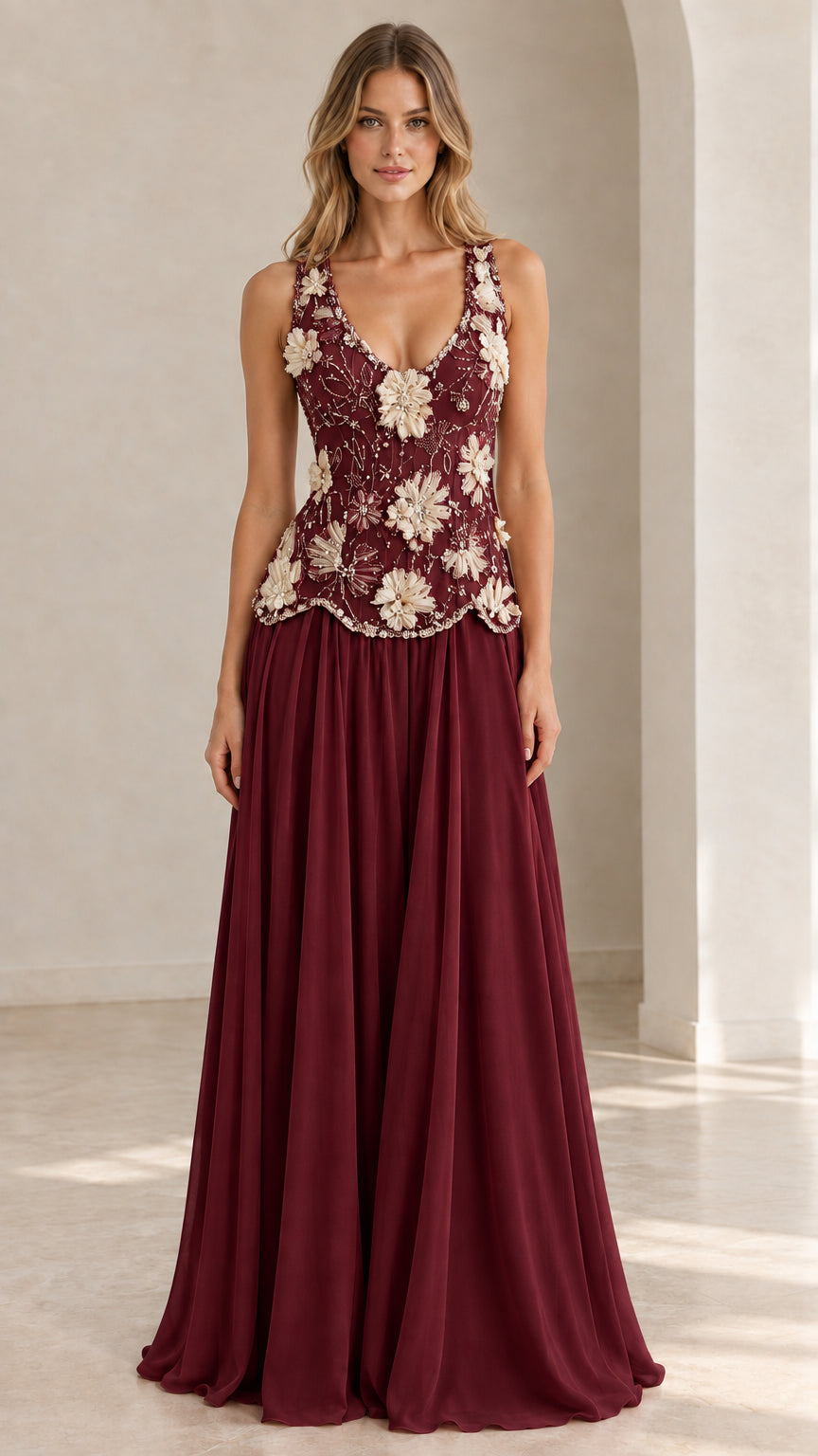 Model wearing Burgundy red floral beaded chiffon maxi dress
