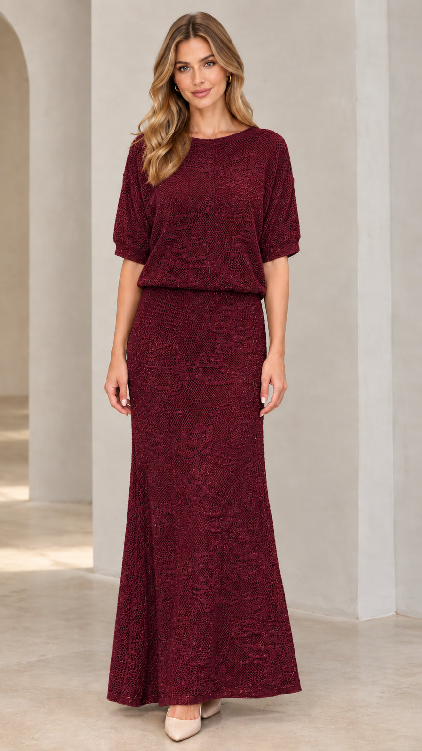 Front view of woman wearing burgundy wine red crochet knit blouson maxi dress