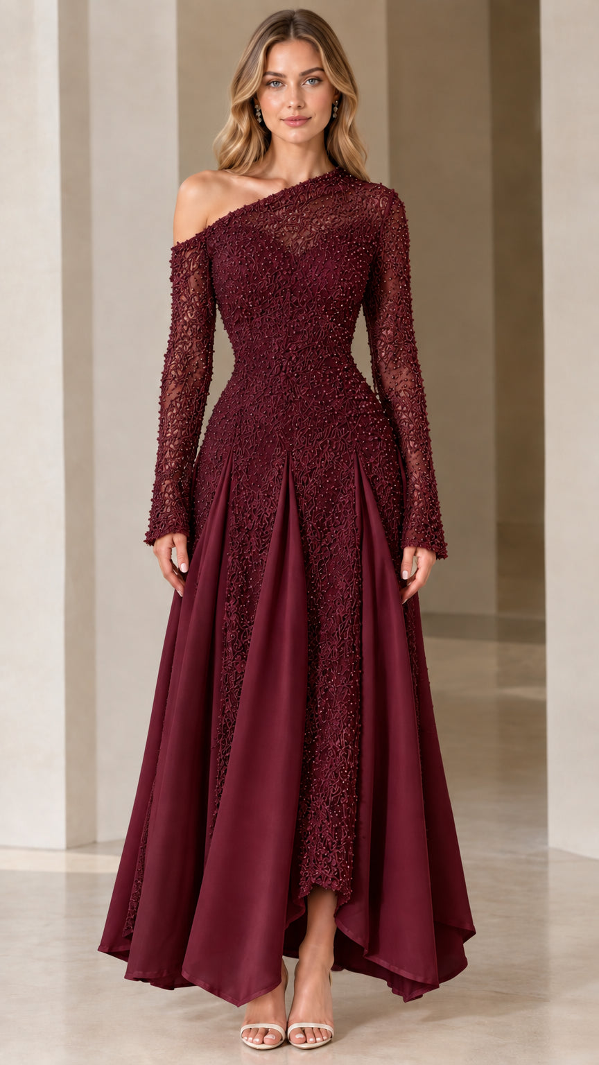 Burgundy one-shoulder beaded lace formal evening maxi dress