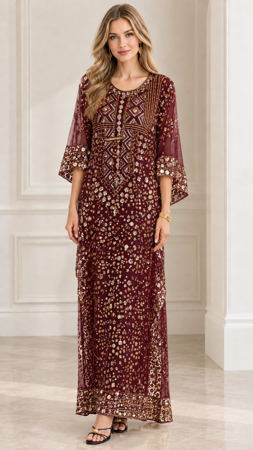 Model wearing Burgundy wine sequined formal evening gown with flutter sleeves