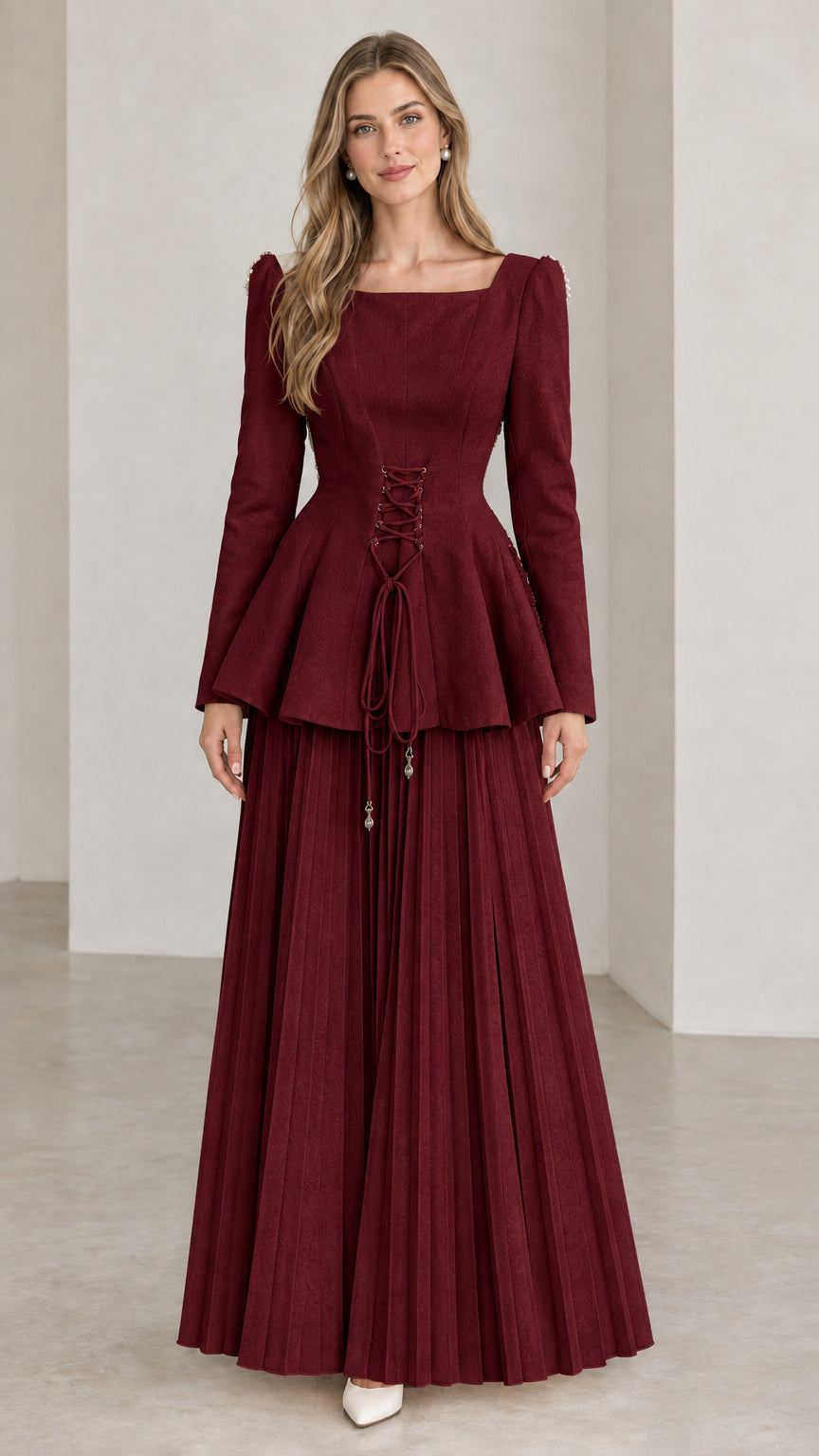 Burgundy wine red long sleeve corset peplum pleated maxi dress