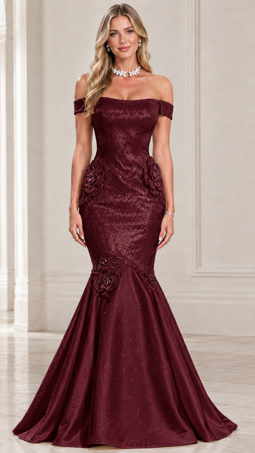 Burgundy wine off-the-shoulder sequin formal mermaid gown