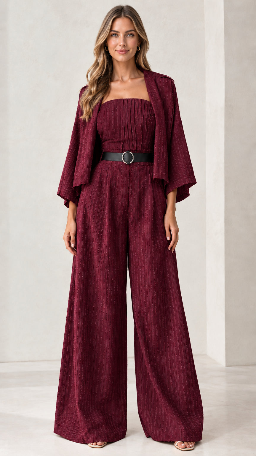 Full front view of the pleated bandeau wide-leg jumpsuit set in burgundy