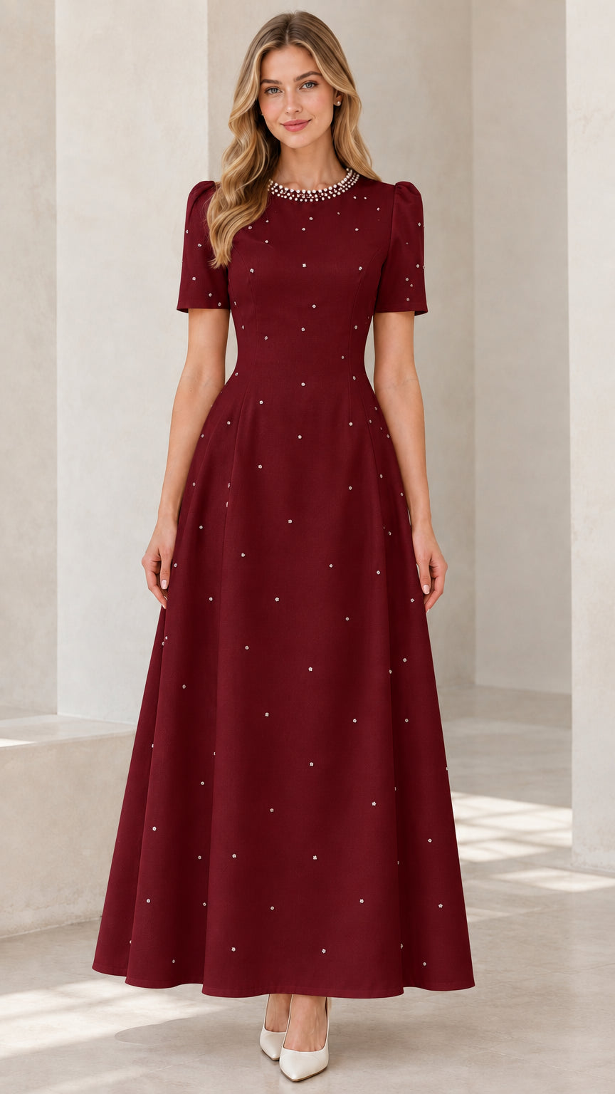 Front view of burgundy wine red pearl-embellished short sleeve A-line maxi dress