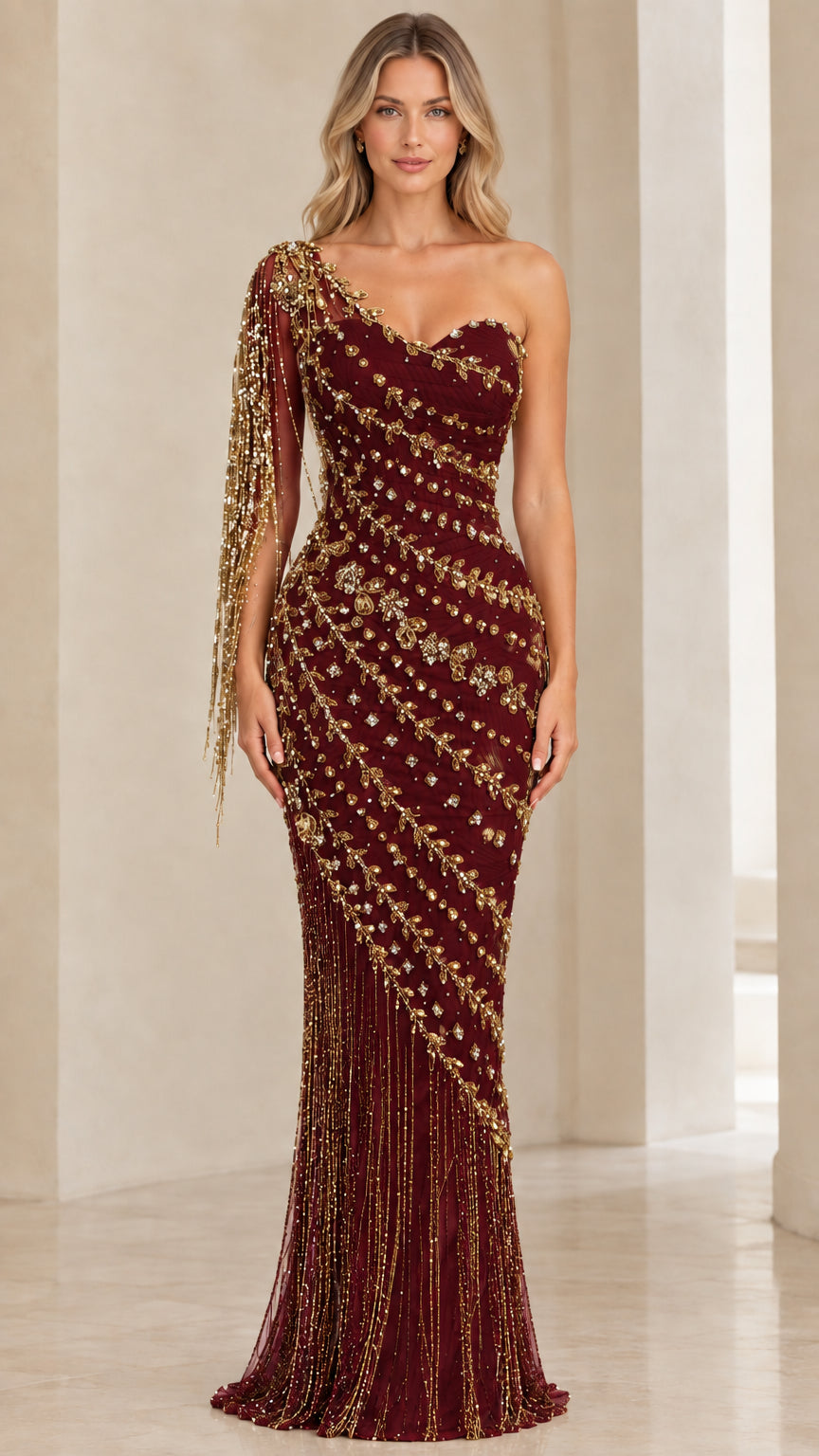 Front view of model wearing Burgundy wine one-shoulder beaded fringe evening gown