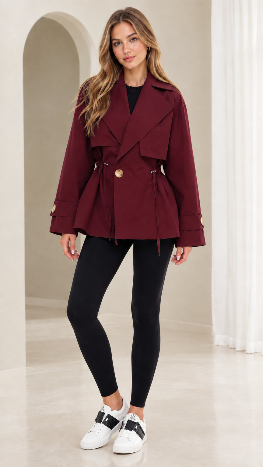 Front view of model wearing burgundy short cinched waist trench coat