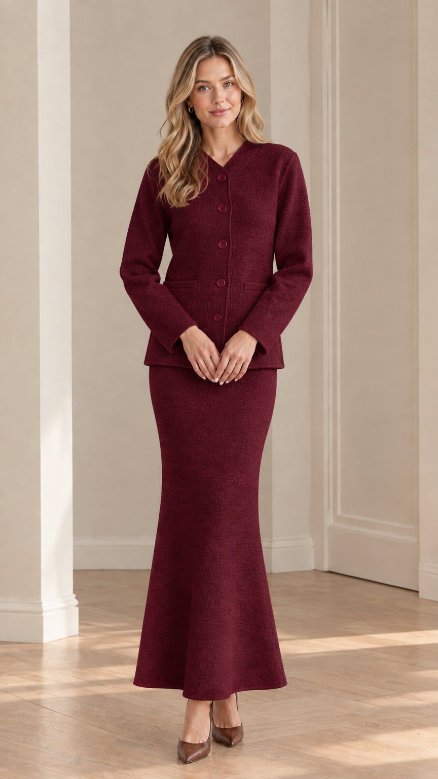 Burgundy textured blazer and maxi skirt two-piece set on model