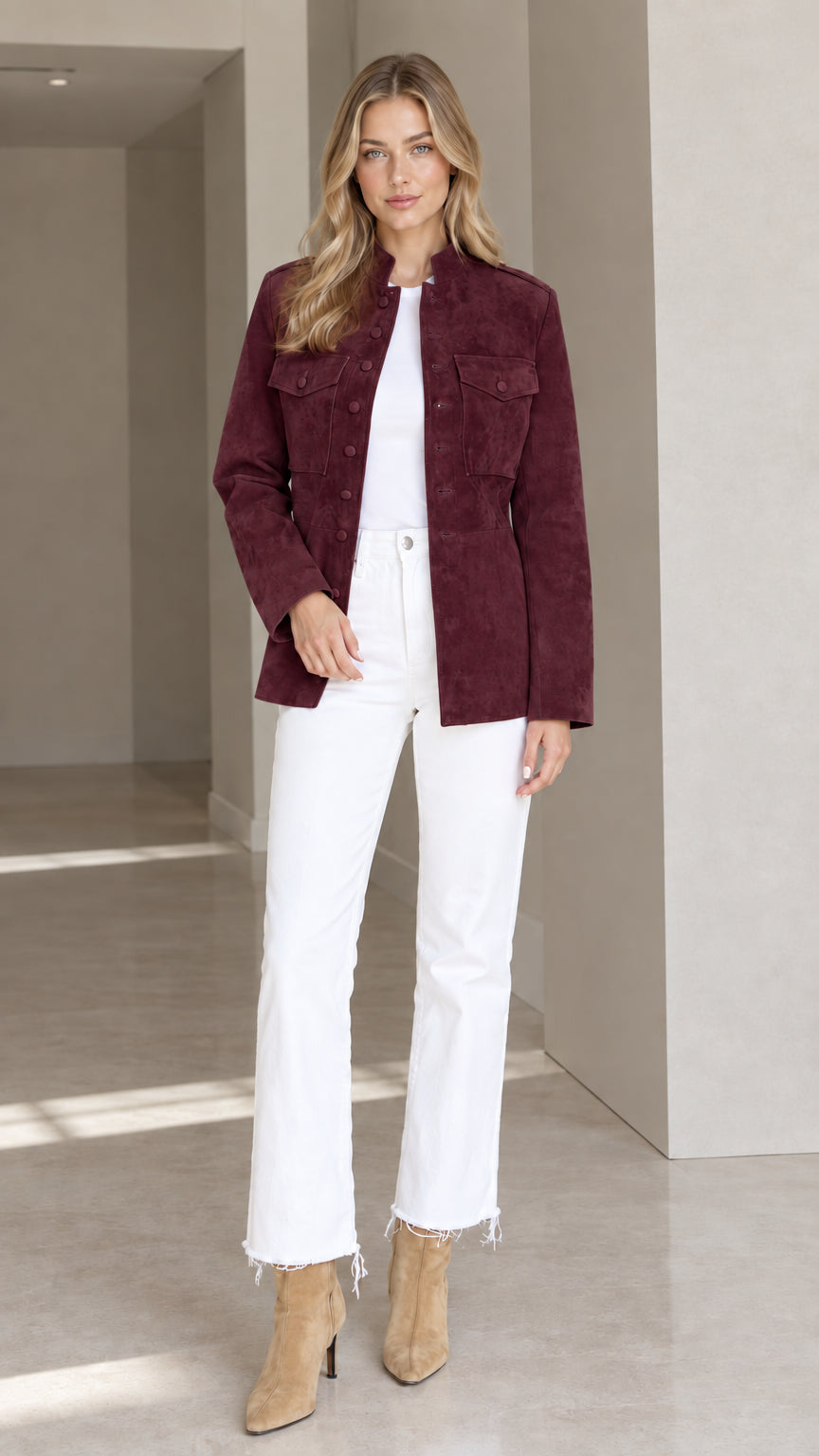 Front view of woman wearing Burgundy faux suede utility jacket