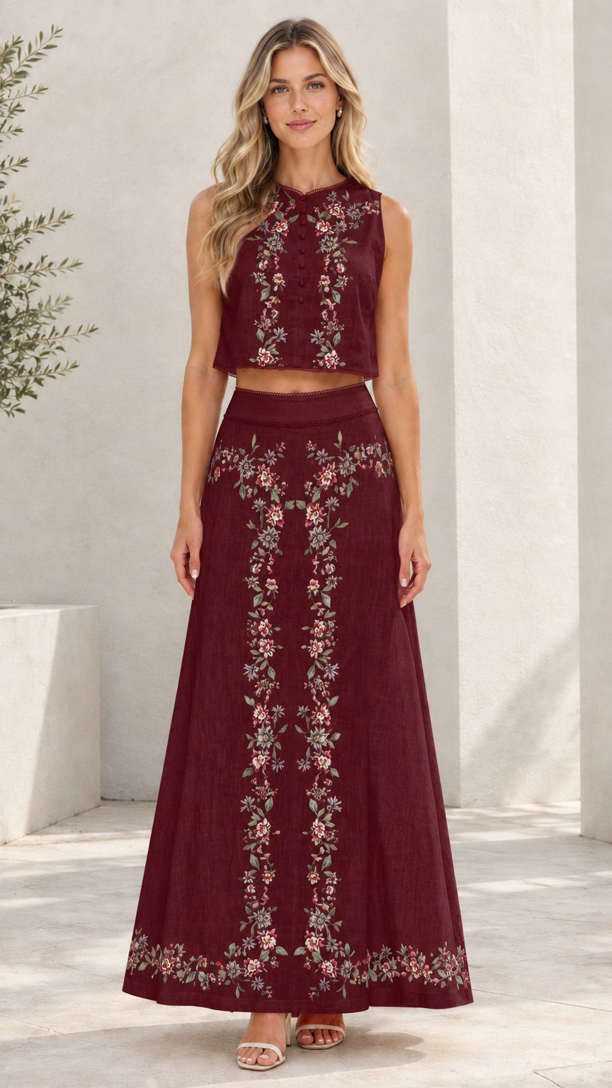 Burgundy floral embroidered sleeveless crop top and maxi skirt set