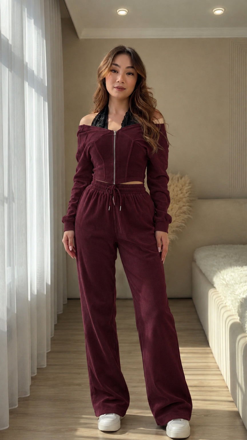 Burgundy two-piece off-shoulder zip hoodie and wide-leg lounge pants