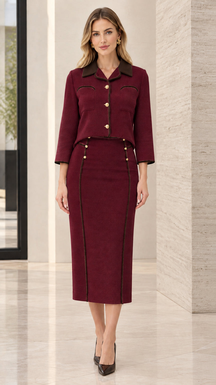 Front view of burgundy wine red two-piece skirt suit with dark contrast piping