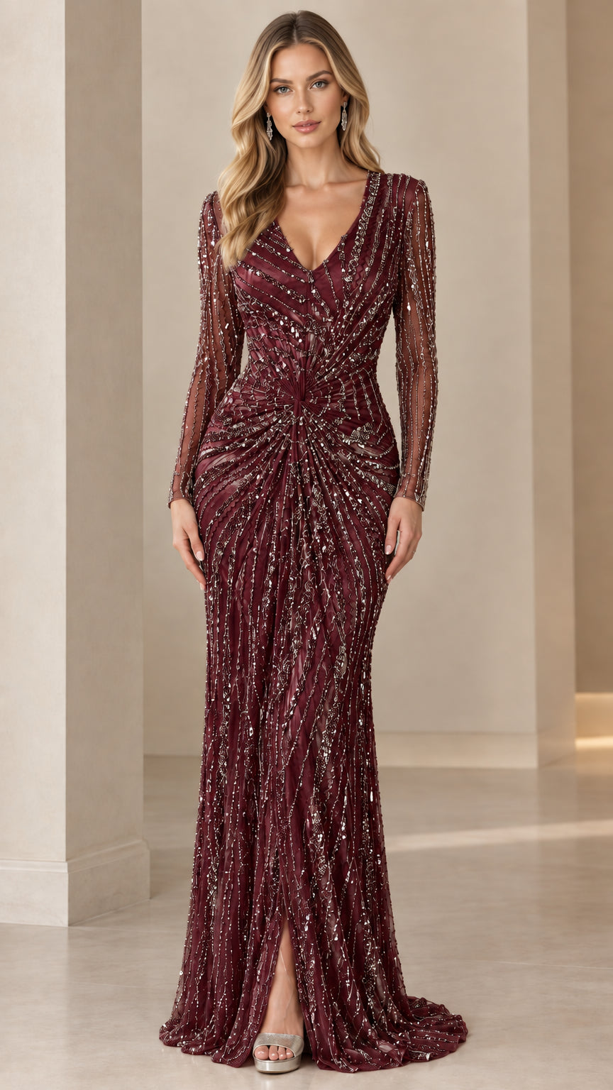 Front view of burgundy red long sleeve sequin formal gown