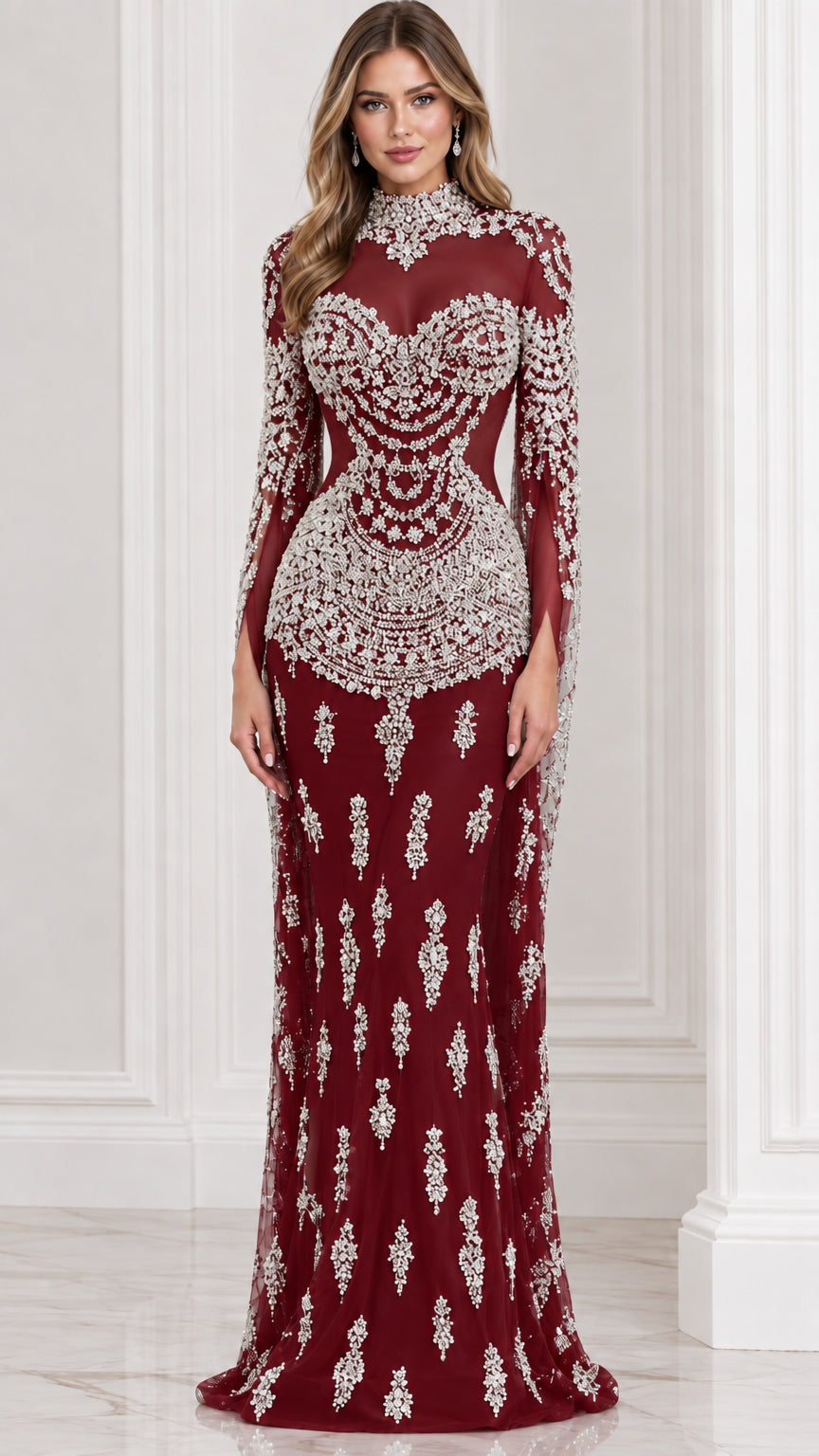 Burgundy wine red crystal illusion formal maxi dress with cape sleeves