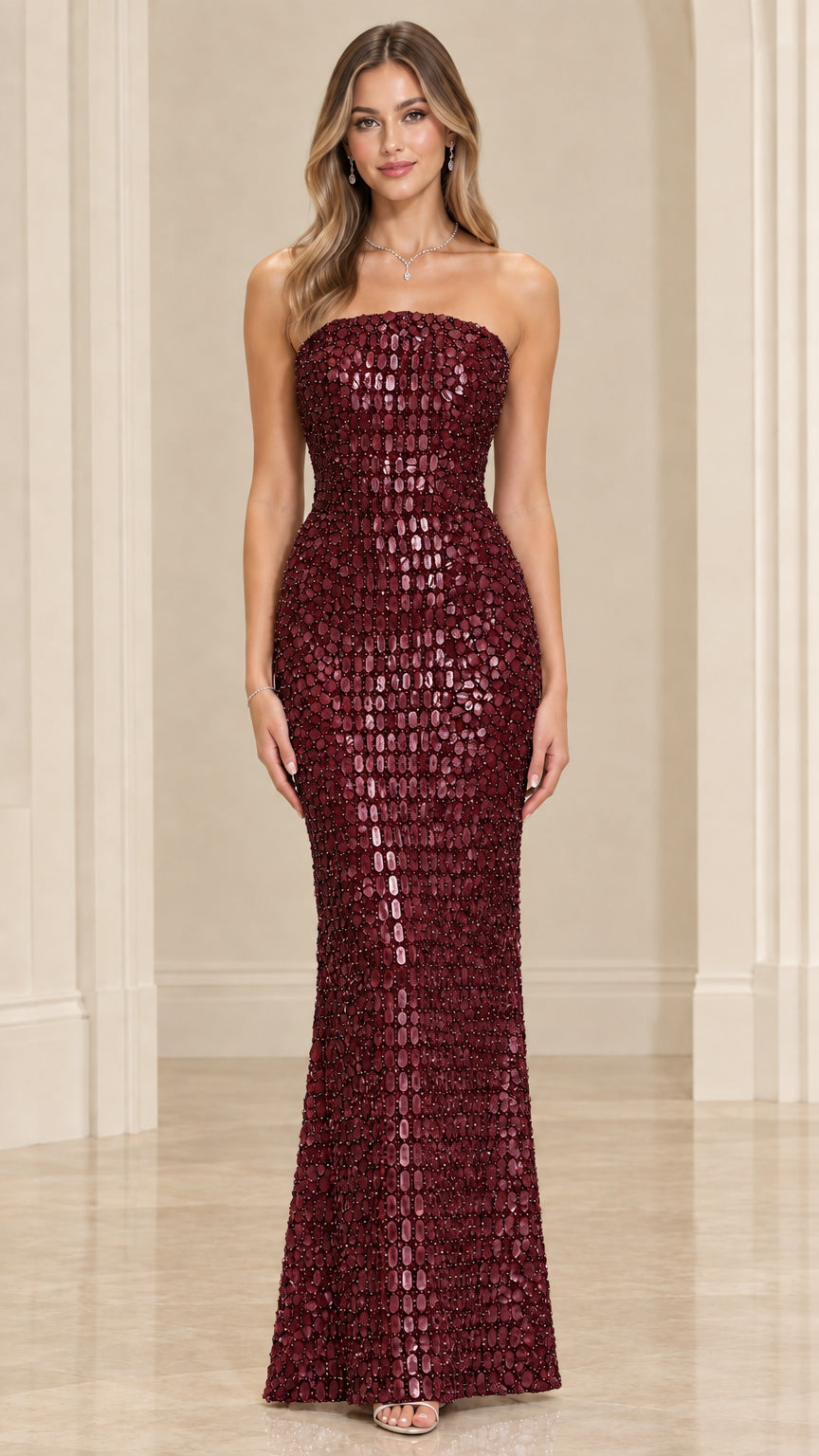 Front view of model wearing Burgundy strapless sequin evening dress