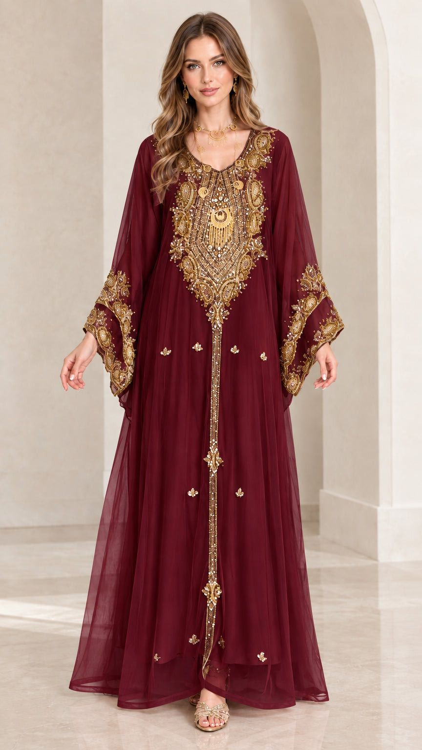Front view of burgundy red gold embellished formal kaftan evening dress