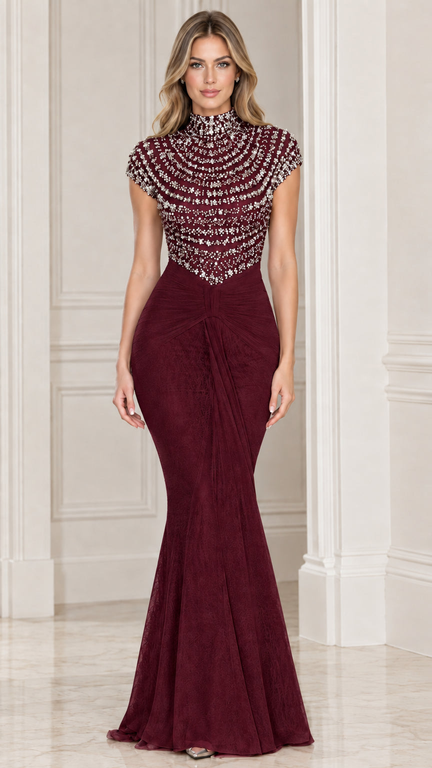 Front view of burgundy wine beaded mock neck mermaid evening gown