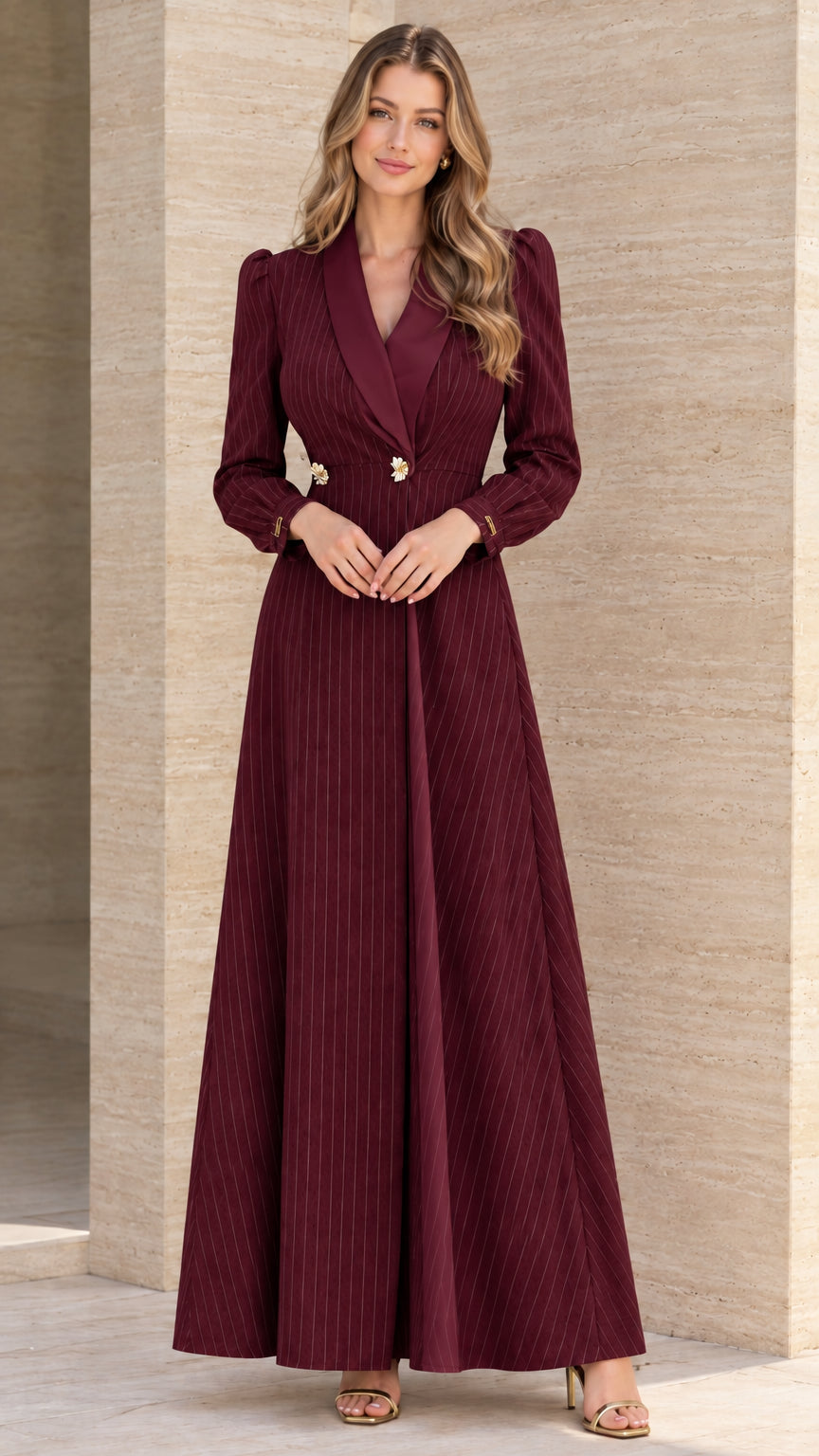 Front view of burgundy wine red pinstripe maxi blazer dress with satin lapel