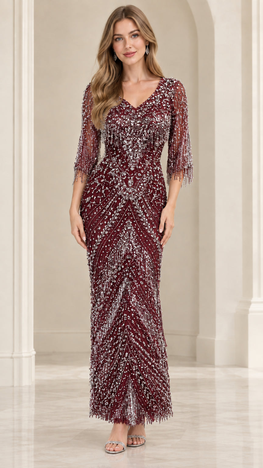 Front view of Burgundy wine red beaded formal evening gown