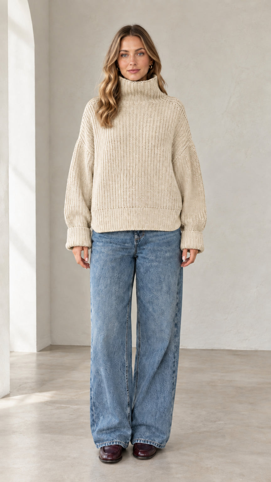 Model wearing cream off-white chunky ribbed knit turtleneck sweater