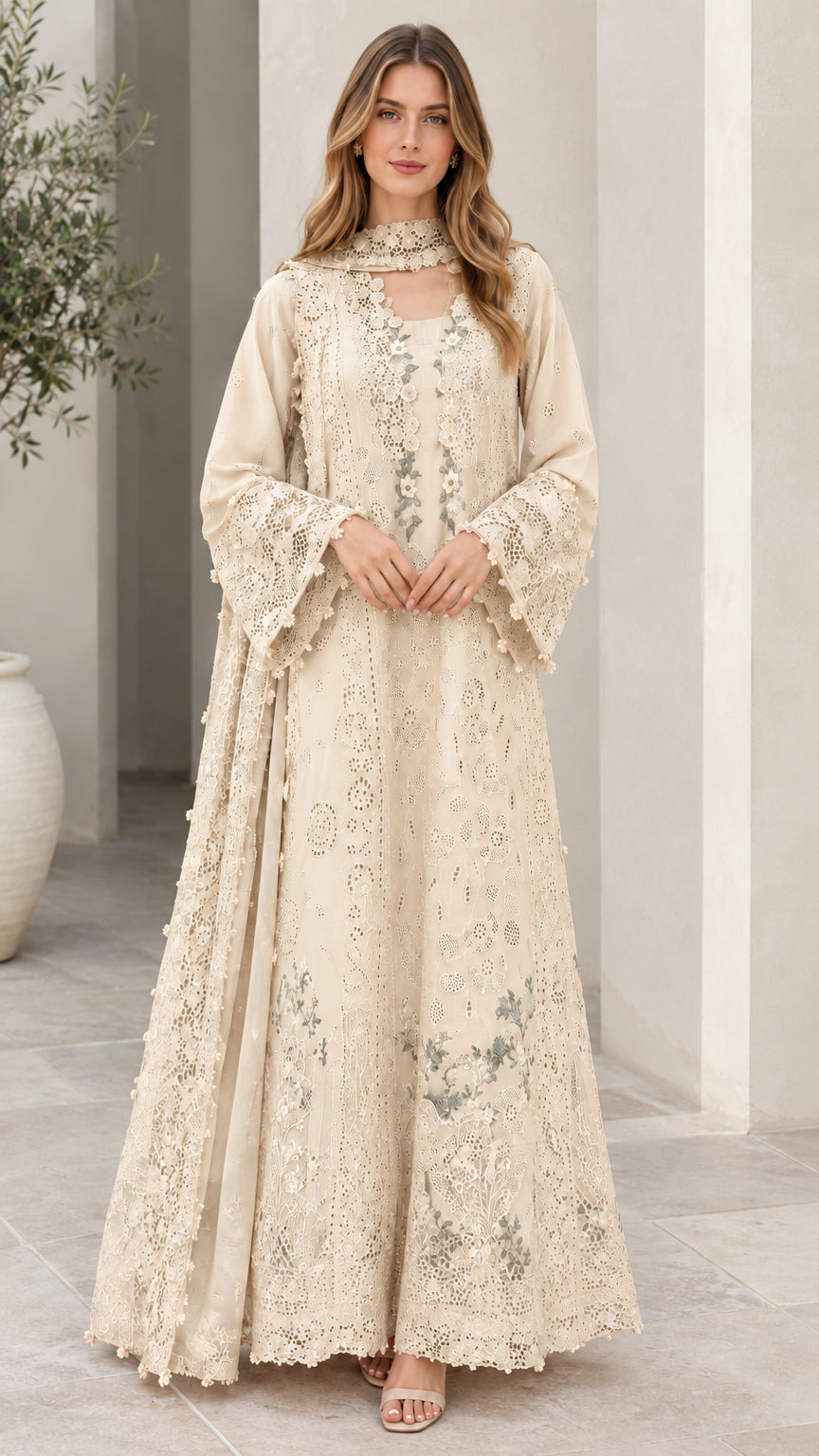 Front view of champagne cream floral embroidered lace maxi dress with scalloped hem