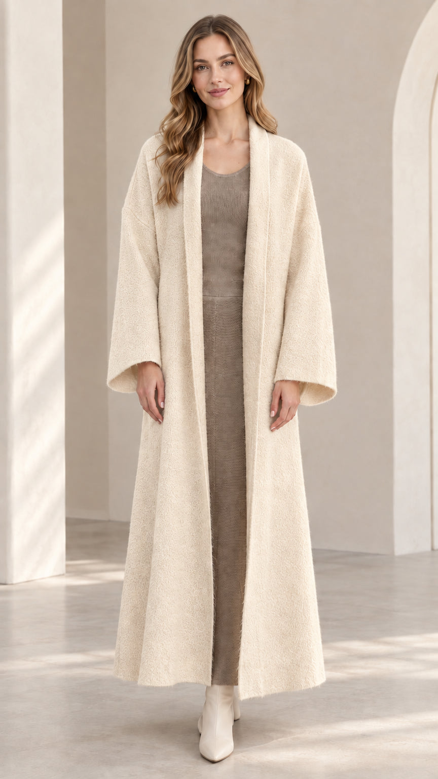 Front view of model wearing warm beige textured longline knit coat