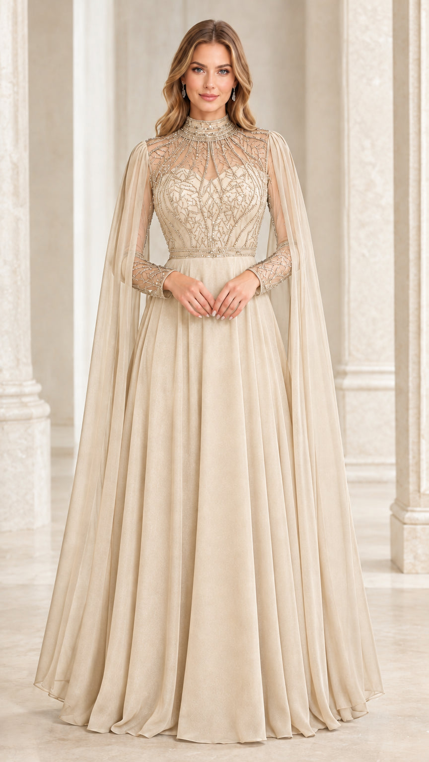 Front view of champagne gold cape sleeve beaded evening gown