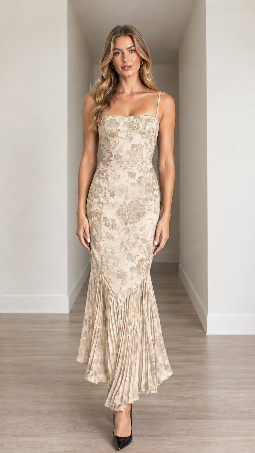 Front view of model wearing Champagne Floral Jacquard Pleated Mermaid Hem Midi Dress