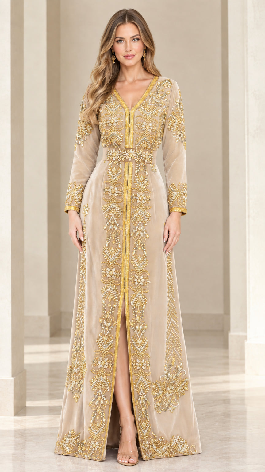 Champagne beige velvet kaftan dress with gold metallic embroidered detailing