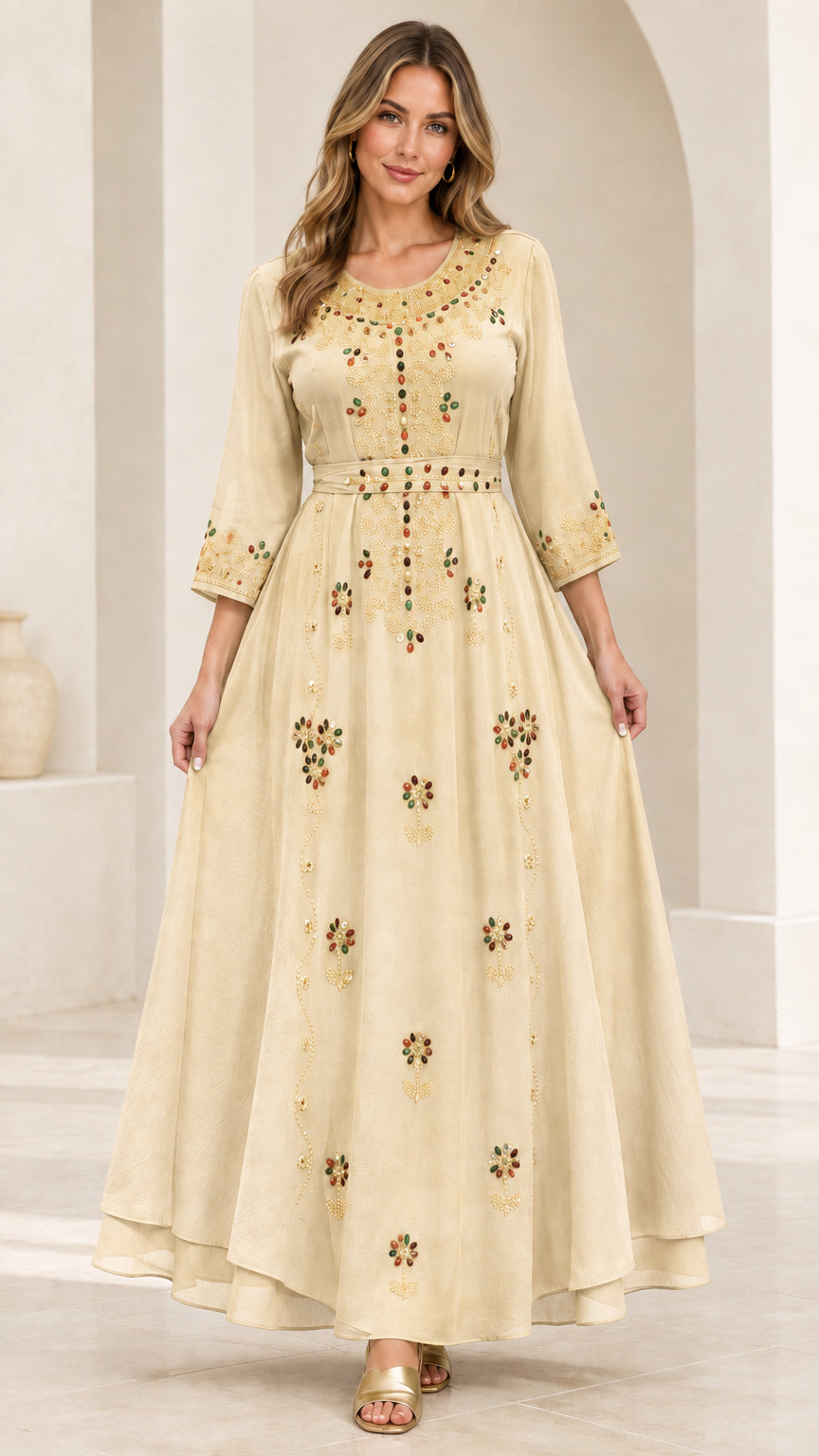 Front full-length view of woman wearing Cream beaded evening A-line maxi dress