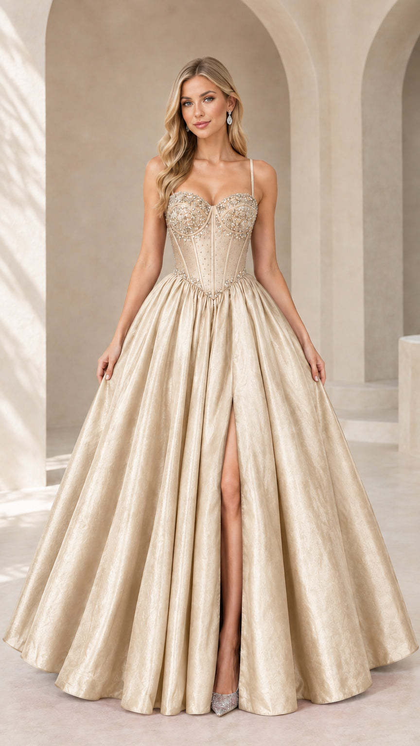 Front view of champagne gold beaded corset ball gown with slit
