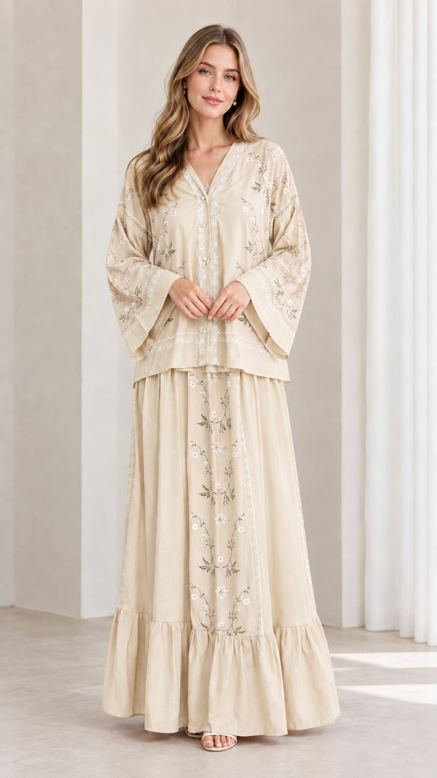 Model wearing beige cream floral embroidered two-piece maxi skirt set