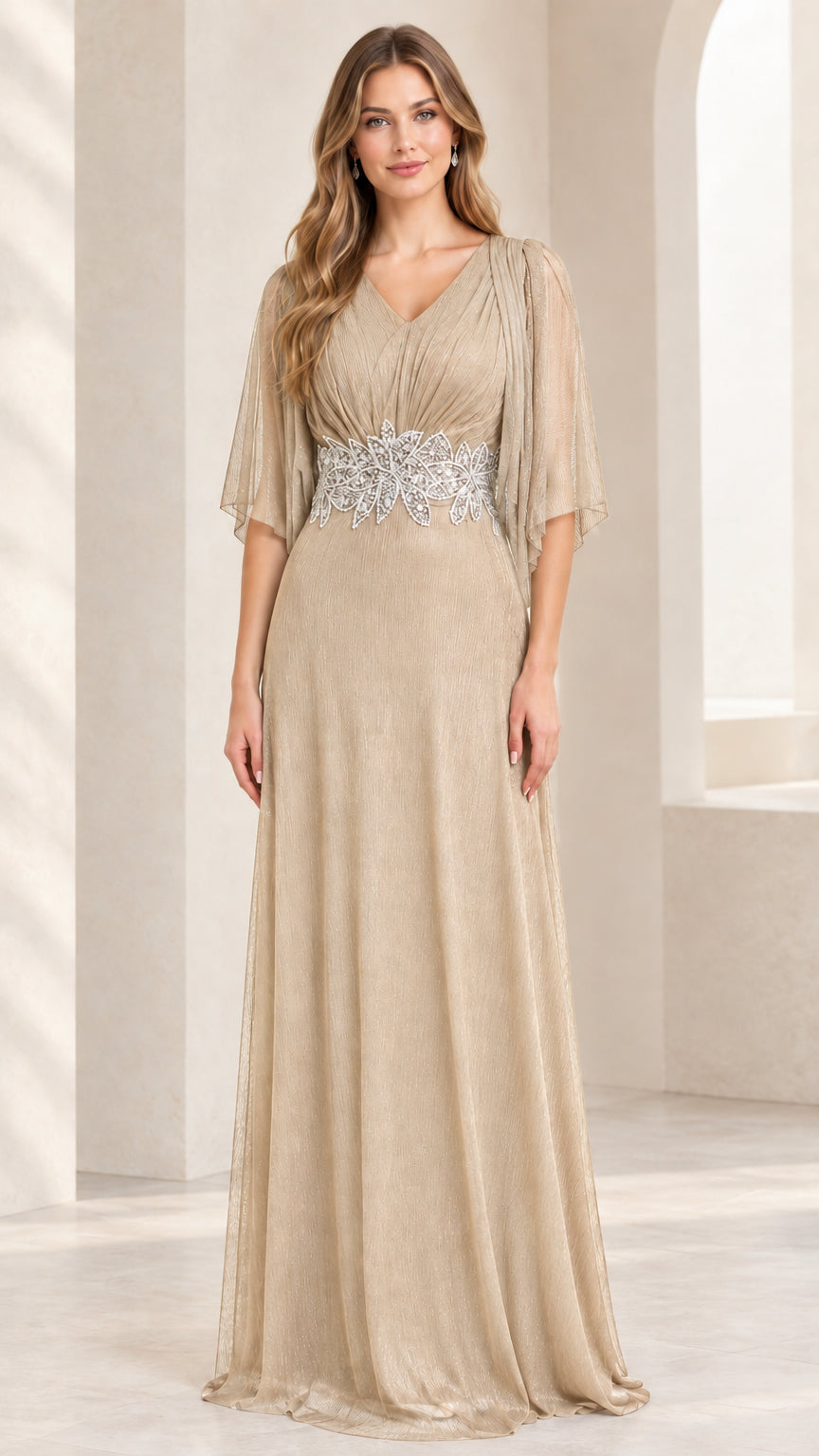 Model wearing shimmering champagne gold V-neck formal evening gown