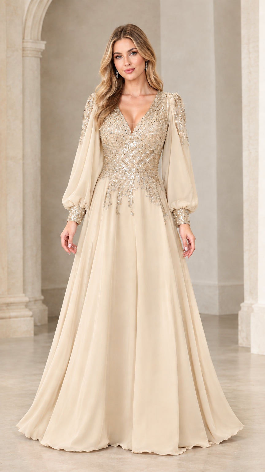 Front view of model wearing champagne gold sequin chiffon formal evening gown