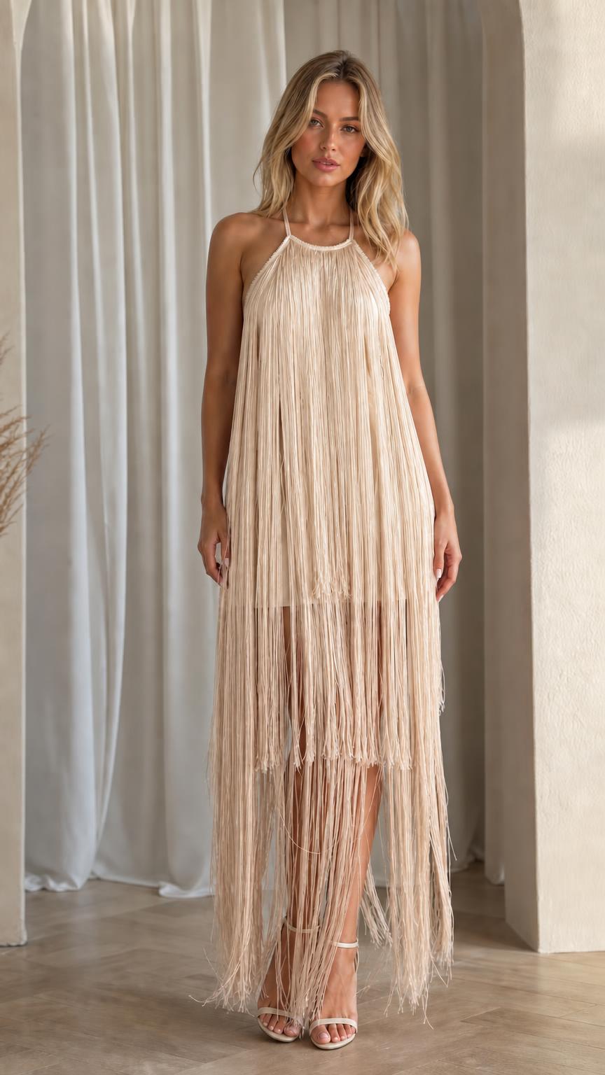 Front view of model wearing champagne fringe maxi dress