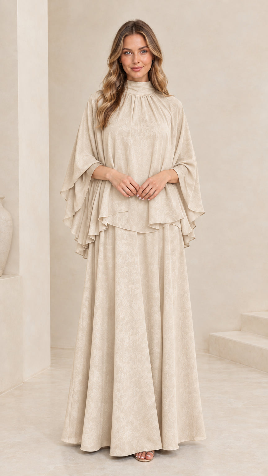 Model wearing elegant champagne beige capelet maxi dress