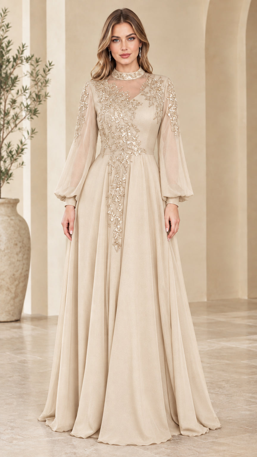 Front view of champagne beige illusion high neck formal gown