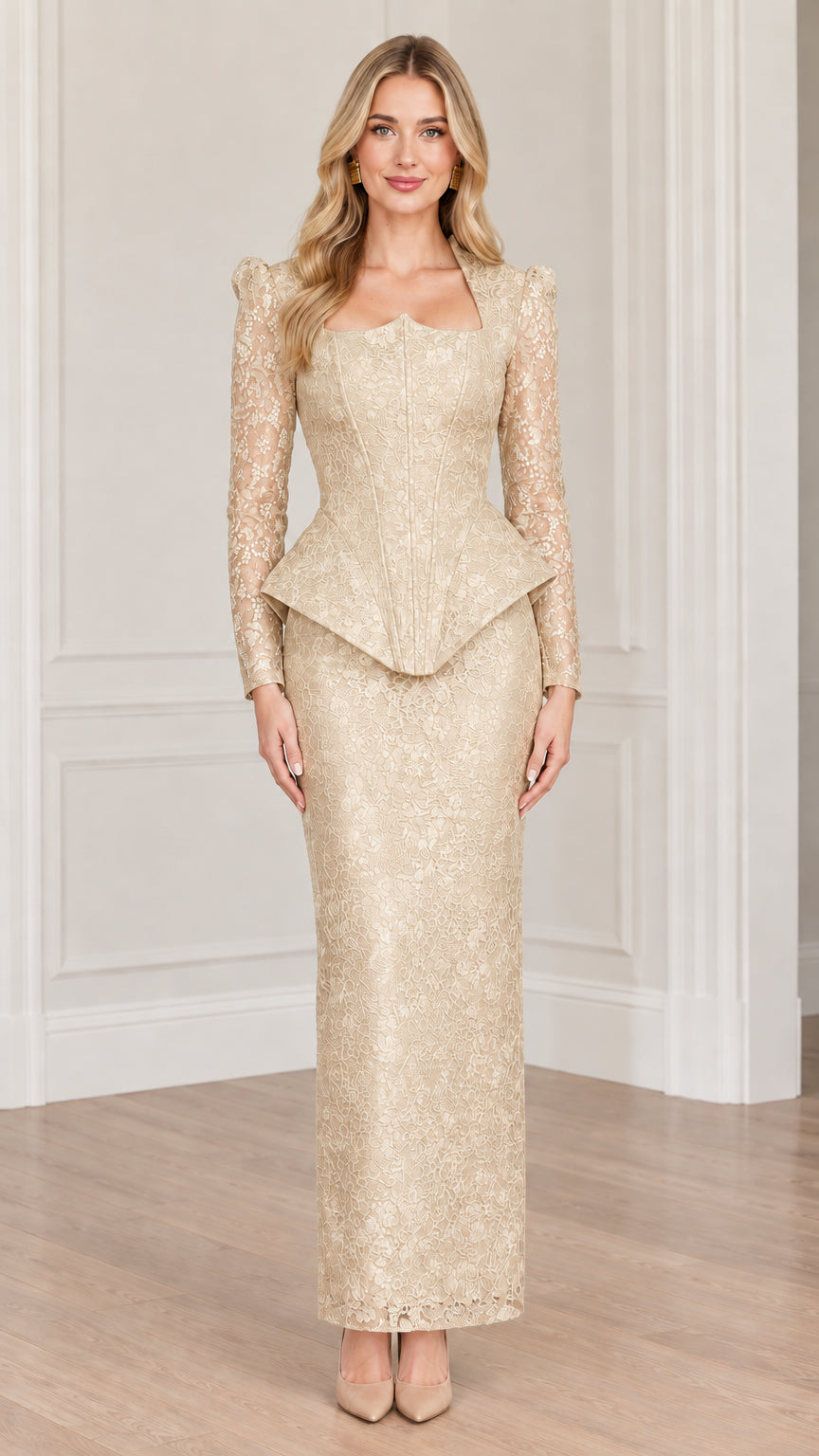 Front full-length view of model wearing the peplum lace maxi dress in champagne gold