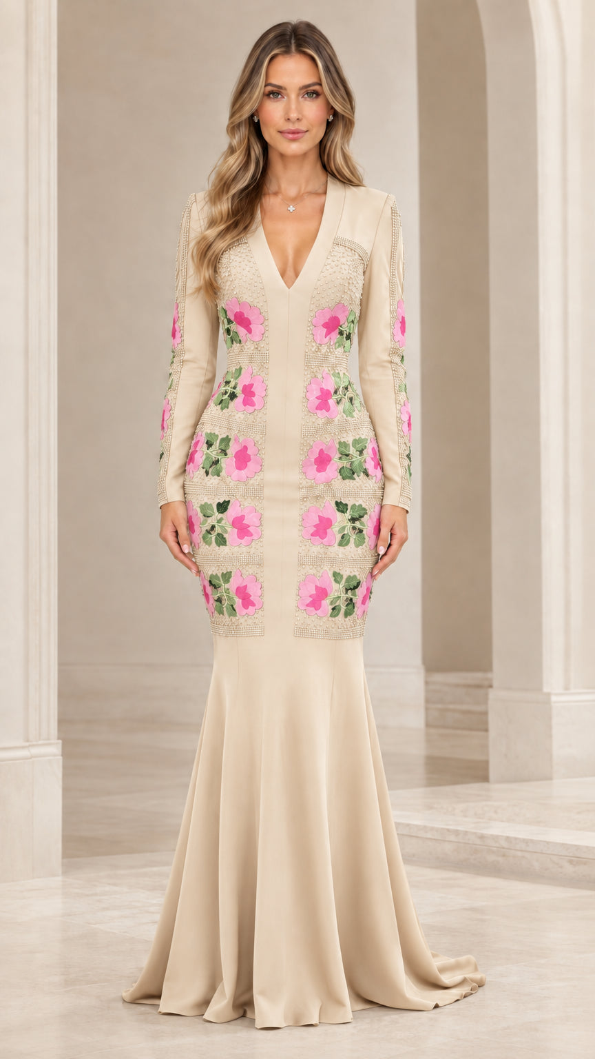Front view of champagne beige long sleeve floral applique mermaid evening gown