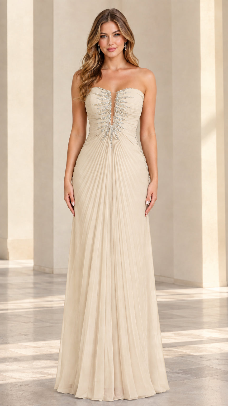 Front view of model wearing champagne beige strapless pleated chiffon formal gown