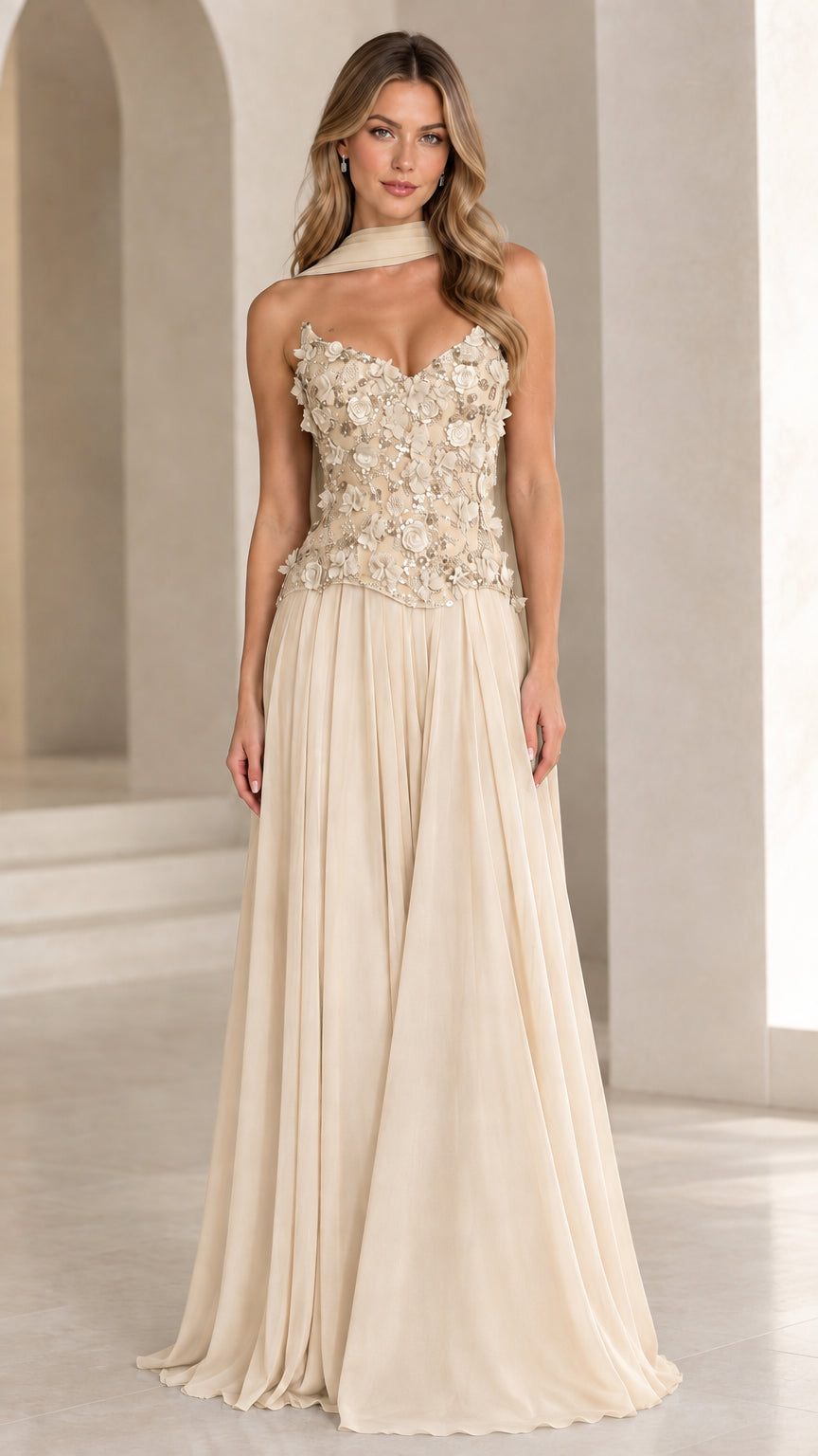 Model wearing Champagne beige 3D floral lace sweetheart chiffon evening dress